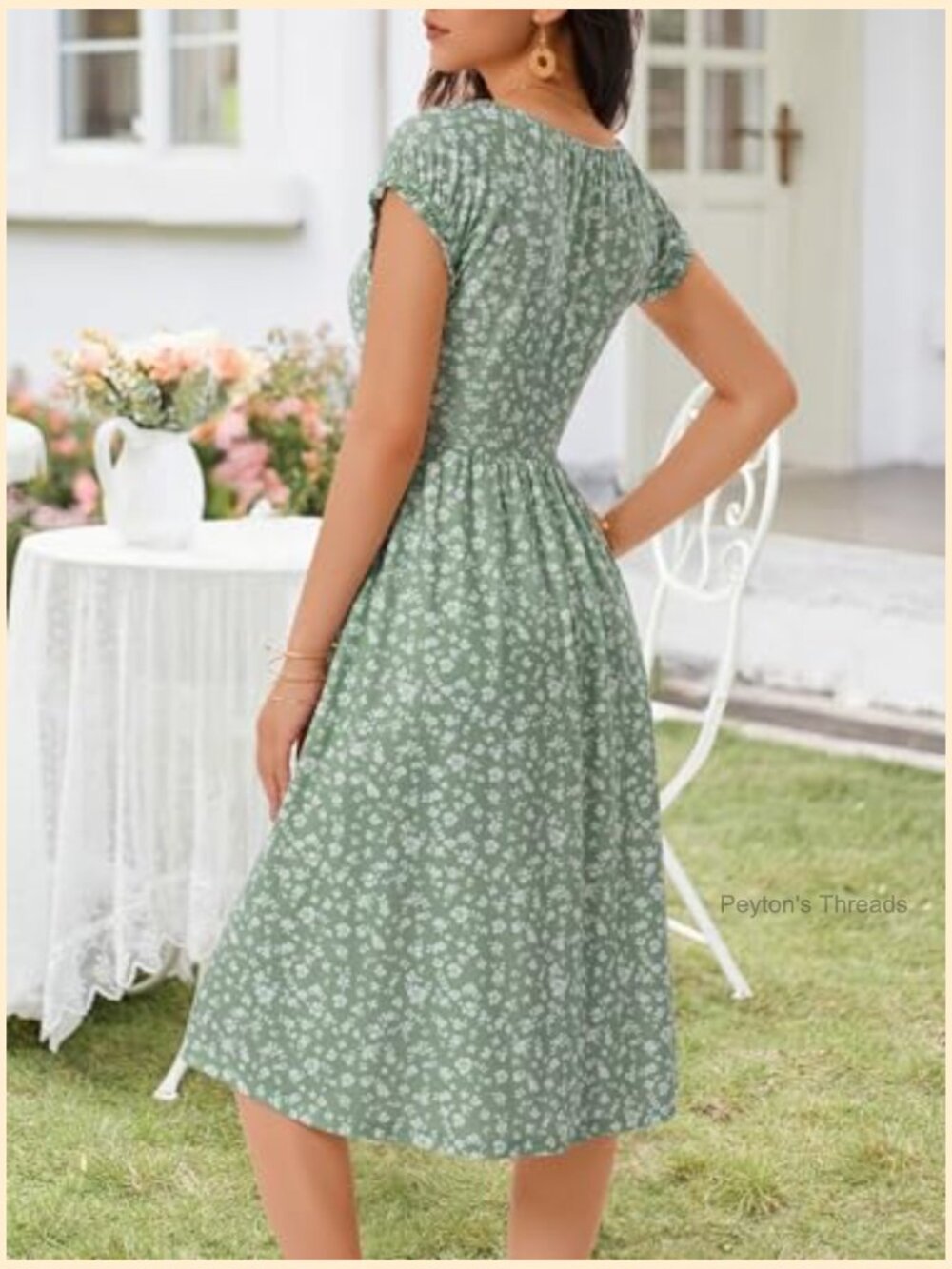 Floral V Neck Puff Cap Sleeve Sundress Midi Dress with Pockets - Picture 6 of 7